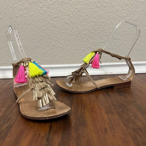 LILLY PULITZER Zoe Sandals Metallic Leather Fringed Ankle Strap - Picture 3 of 10